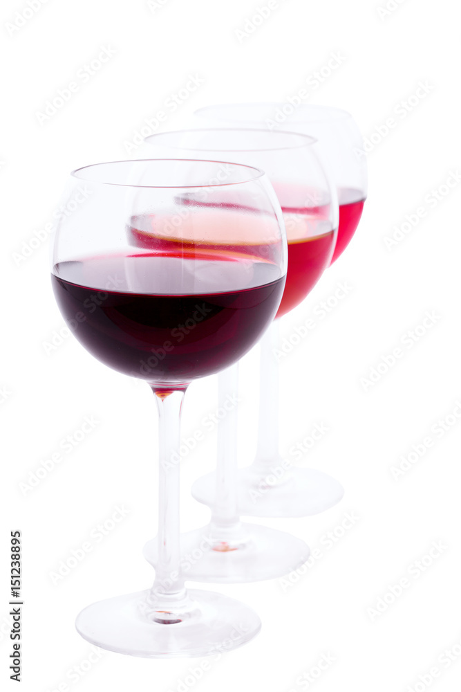 Red, white and rose wine glasses up on white isolated Red, white and rose wine glasses up on white isolated