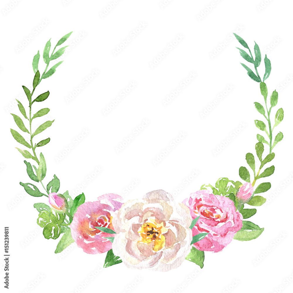 Beautiful floral hand drawn watercolor bouquets set, bunch of flowers arrangement, with pink roses, white and purple flowers, isolated on white background. Can be used for botanical or wedding design.
