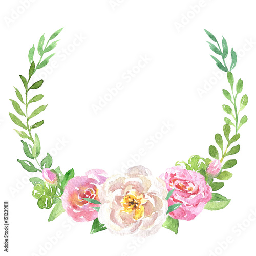 Beautiful floral hand drawn watercolor bouquets set  bunch of flowers arrangement  with pink roses  white and purple flowers  isolated on white background. Can be used for botanical or wedding design.