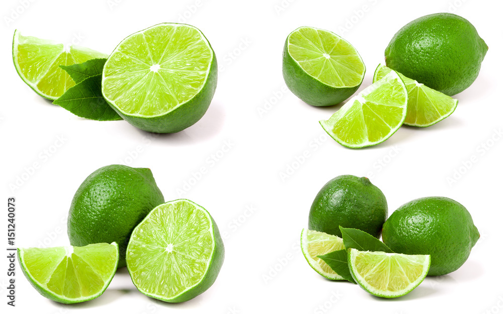 Lime with leaf isolated on white background. Set or collection