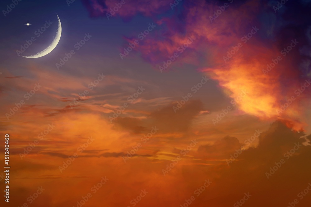 Fototapeta premium Zachód słońca i księżyc w nowiu. Czerwony zachód słońca i księżyc. Tło Eid Mubarak.