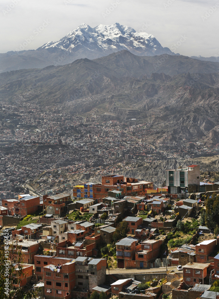 Skyline over La Paz with Mount Illimani in the background on a spring day