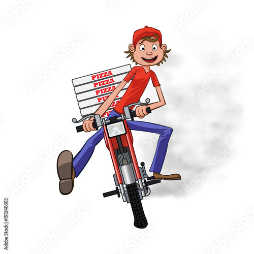 Boy working the pizza delivery. Riding on red motorbike for carries rush order. Fast delivery concept. Front view cartoon style. Vector illustration