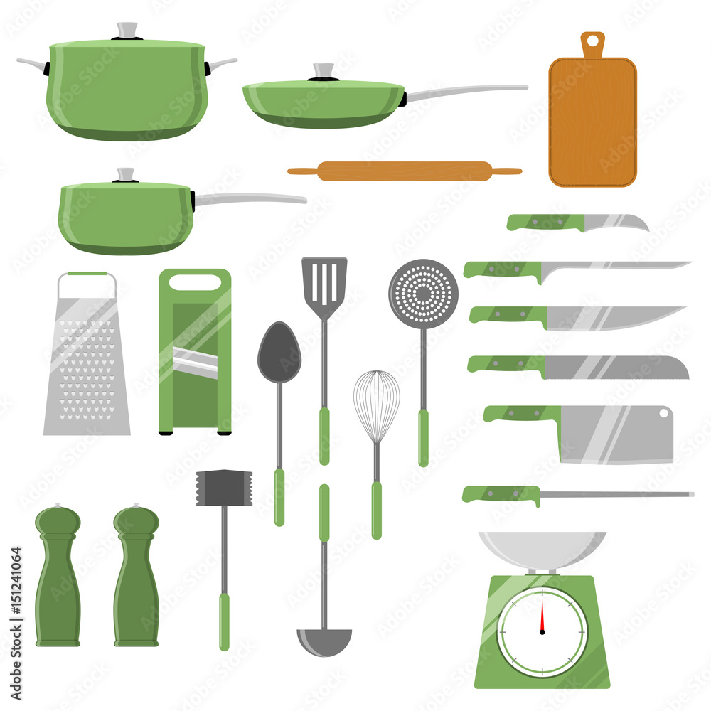 Set of different kitchen utensils. Vector kitchen tools. Isolated on white  background. Stock Vector | Adobe Stock