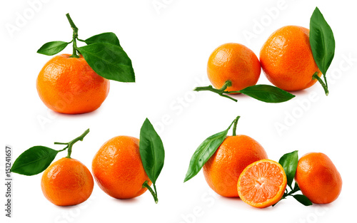 Two ripe tangerines with leaves isolated on white background. Set or collection