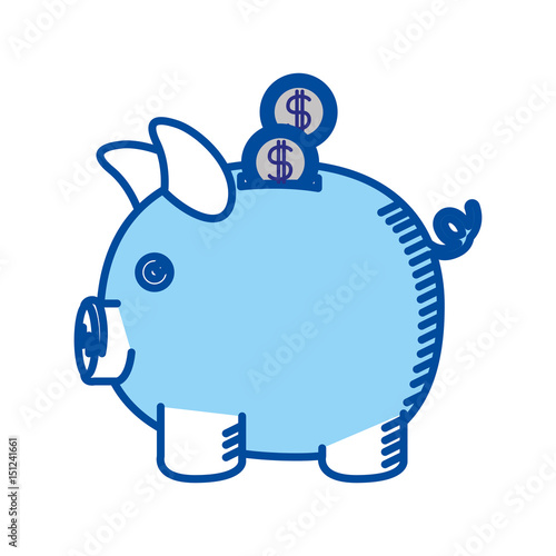 blue contour of moneybox in shape of pig with coins vector illustration
