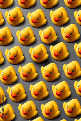 Yellow rubber ducks organized on grey background.