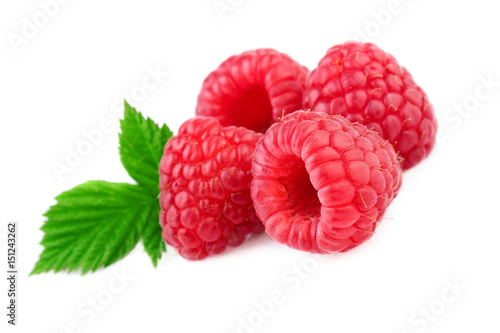Isolated raspberries. Fresh raspberry with leaf isolated on white background