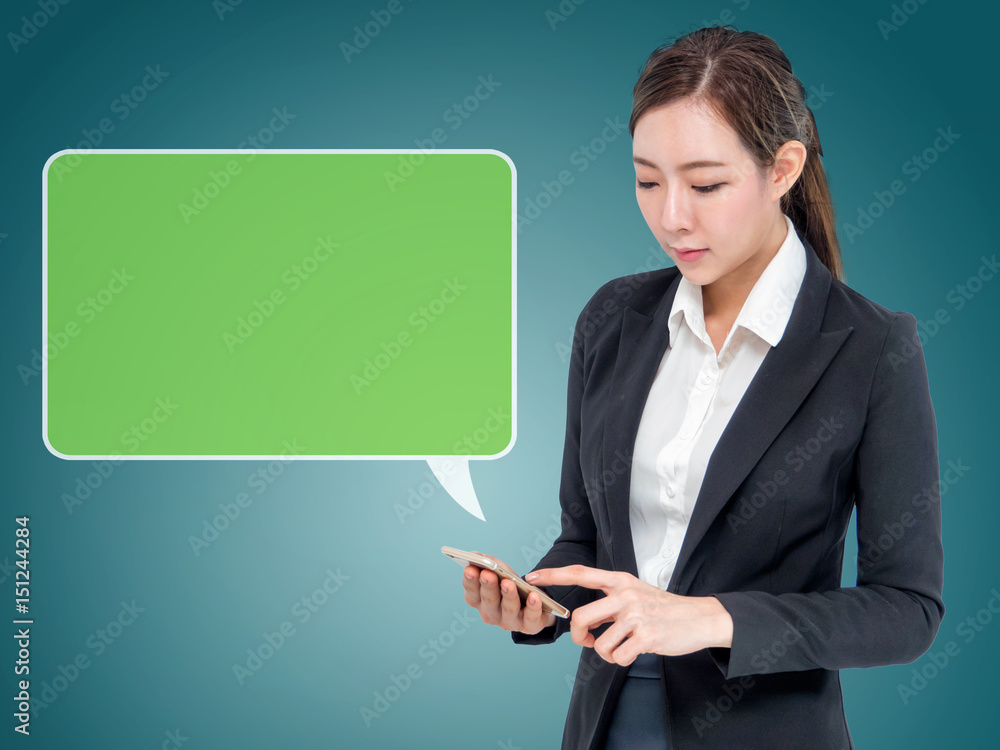 Young business woman using smartphone for e-commerce or online business banking.bubble speech space. Young business woman using smartphone for e-commerce or online business banking.bubble speech space.