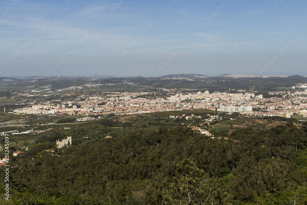 Panoramic view of a beautiful city in Portugal. Blue sky.  Holidays and travelling. Sunny weather.