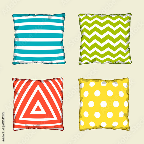 Set of multicolored decorative pillows. Sketch illustration