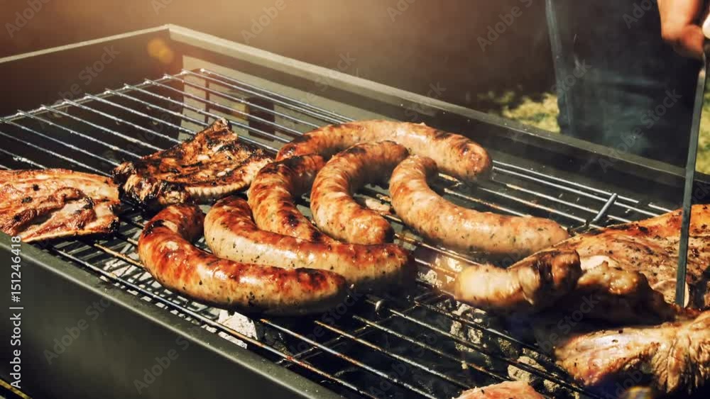 Meat cooking on barbecue grill for summer outdoor party, 4k Meat cooking on barbecue grill for summer outdoor party, 4k
