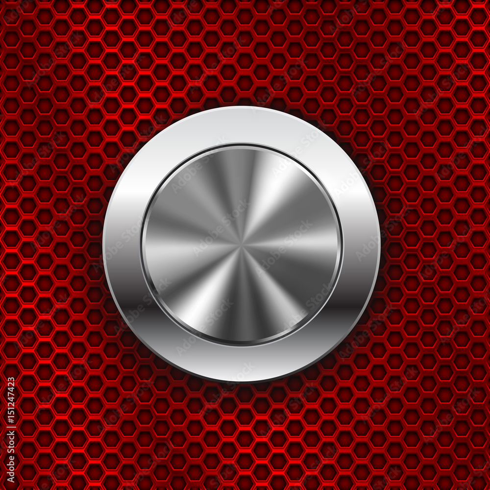 Round metal knob switch on red perforated background Round metal knob switch on red perforated background