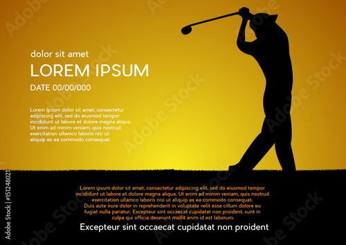 Golf club competition tournament, sunset background. Vector poster with man playing game on green