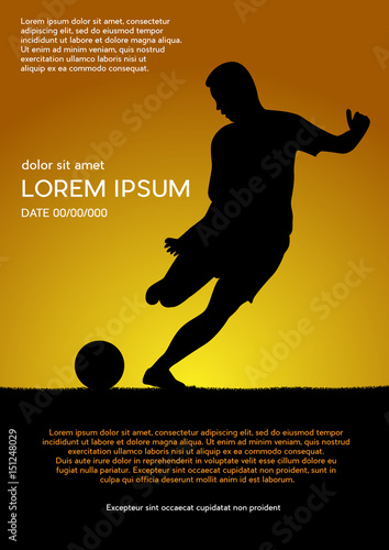 Football competition tournament, sunset background. Vector poster with man playing game and ball