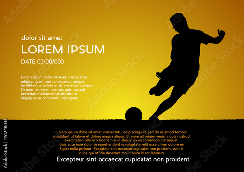 Football competition tournament, sunset background. Vector poster with man playing game and ball