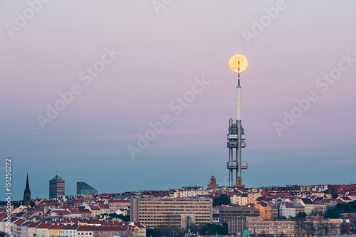Photography Prague skyline with full moon