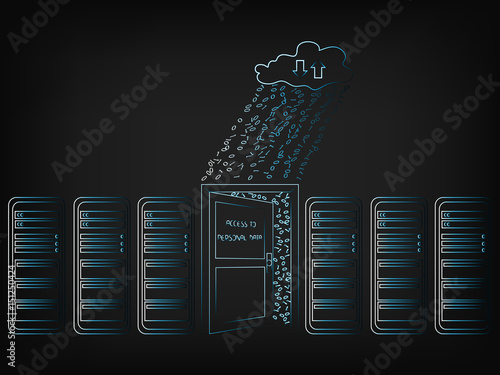 server room with semi-open door to data access and cloud with binary code rain