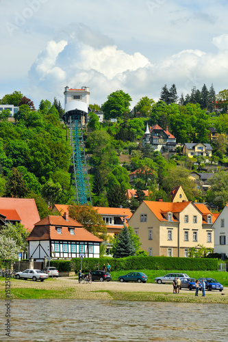 Loschwitzer Ufer am Blauen Wunder, Blick auf die Schwebebahn, Dresden, Sachsen, Deutschland, Europa photo