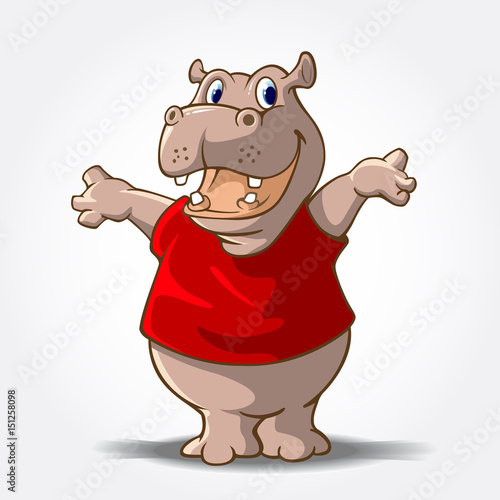 Hippopotamus Mascot Cartoon Character. This is a Hippo Cartoon animal with red shirt, it's look like said "hi..."