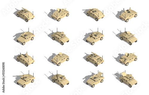Military Transportation isometric vector. light utility vehicles with anti tank turret.