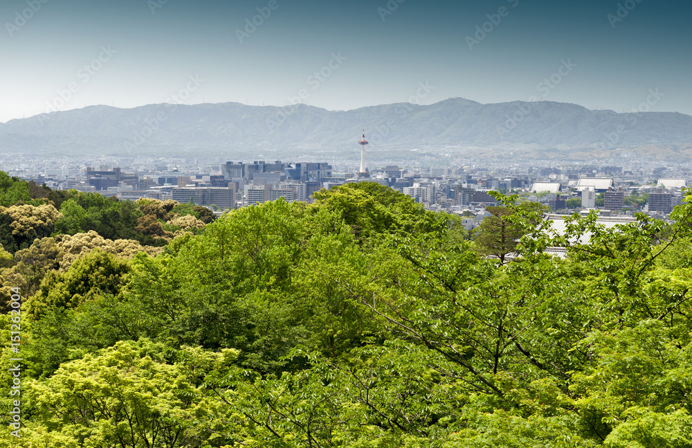 Kyoto City and Kyoto Tower with mountain ranges seen in background
