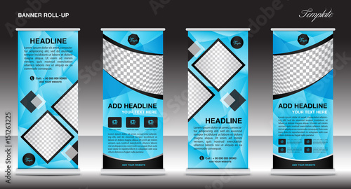 Blue Roll up banner template, banner design, advertisement, business flyer, polygon background