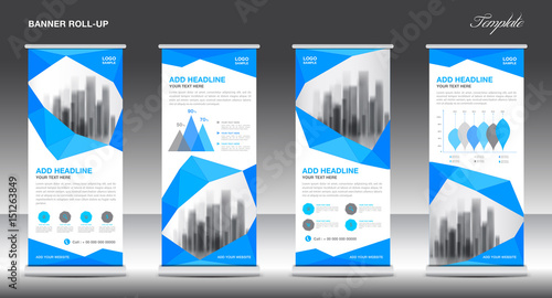 Roll up banner stand template design, blue banner layout, advertisement, polygon background