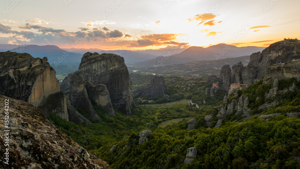 Sunset over the Meteora landscape scenery in Greece