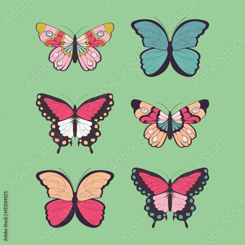 Collection of six hand drawn colorful butterflies