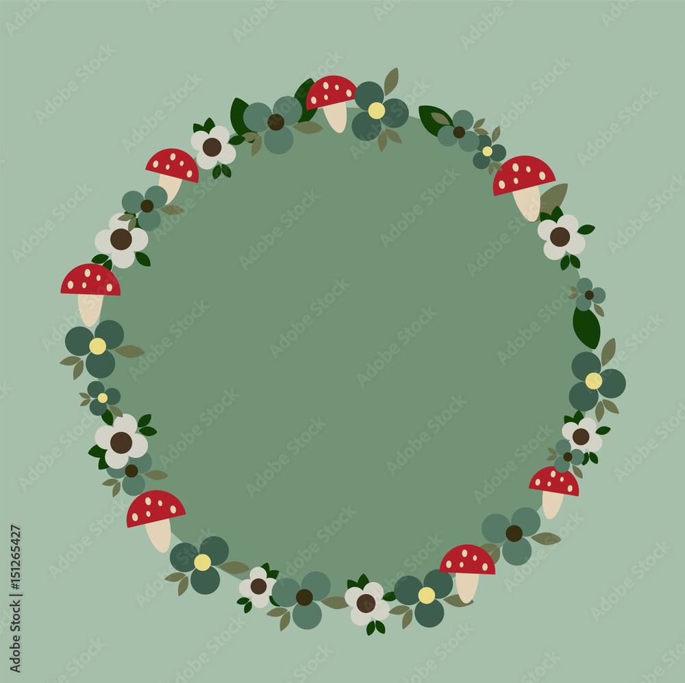 Fliegenpilze und Blumen Rahmen auf dunkelgrünem Hintergrund Fliegenpilze und Blumen Rahmen auf dunkelgrünem Hintergrund