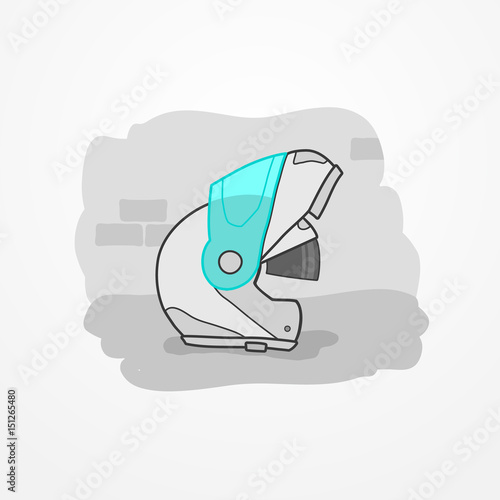 Typical motorcycle flip-up helmet with sun visor. Biker head protection in flat cartoon style. Motorbike safety gear element. Motorcycle vector stock image.