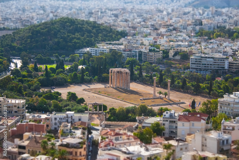 The temple of Olympian Zeus in Central Athens. Panoramic view of the city.