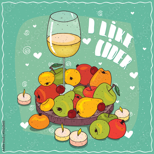 Composition on wooden board, glass of cider and colorful fruits such as pears and apples. Near the candles. Lettering I Like Cider. Hand drawn comic style