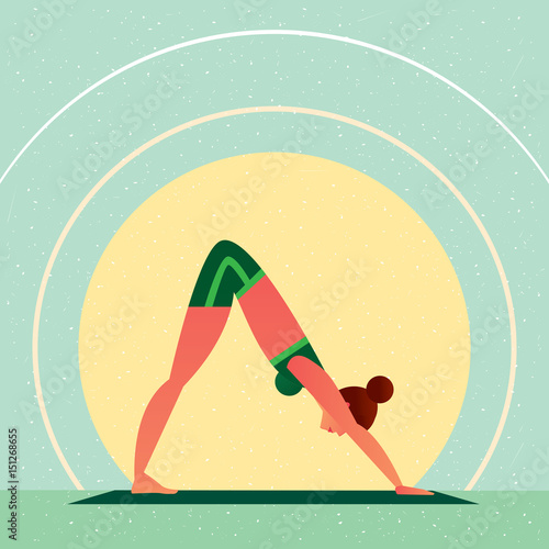 Sporty girl standing in the Downward-Facing Dog Pose or Adho Mukha Shvanasana, in flat cartoon style. Yoga or Pilates concept. Side view
