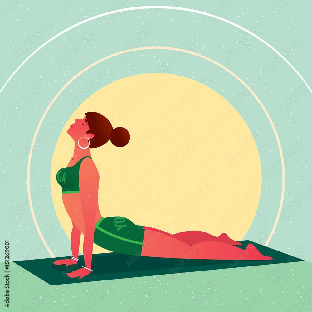 Sporty girl lies in the Cobra Pose or Bhujangasana, against the background of the sun, in flat cartoon style. Yoga or Pilates concept. Front side view Sporty girl lies in the Cobra Pose or Bhujangasana, against the background of the sun, in flat cartoon style. Yoga or Pilates concept. Front side view