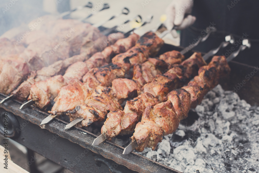 Beef and chicken kebab. Fresh meat at grill, bbq Beef and chicken kebab. Fresh meat at grill, bbq