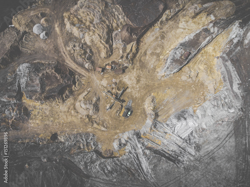 Aerial view over the building materials processing factory. Sand mine. View from above.