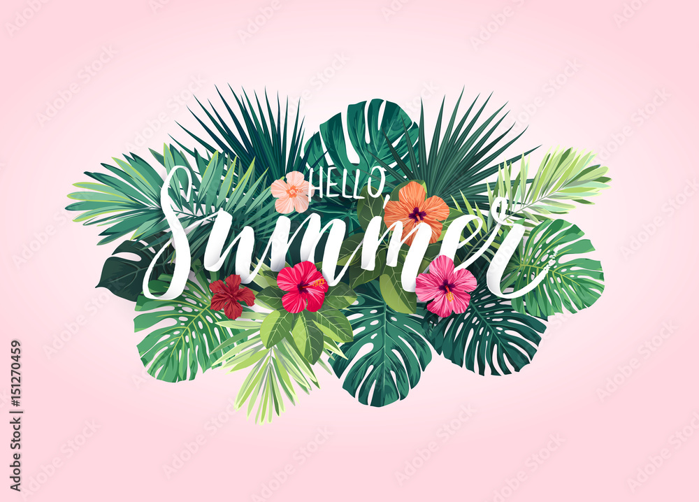 Obraz premium Lato tropikalny wektor wzór banner lub ulotki z egzotycznych liści palmowych, kwiatów hibiskusa i handlettering.