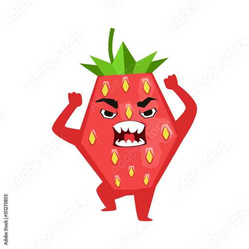 Angry furious strawberry emoticon. Cute cartoon emoji character vector Illustration