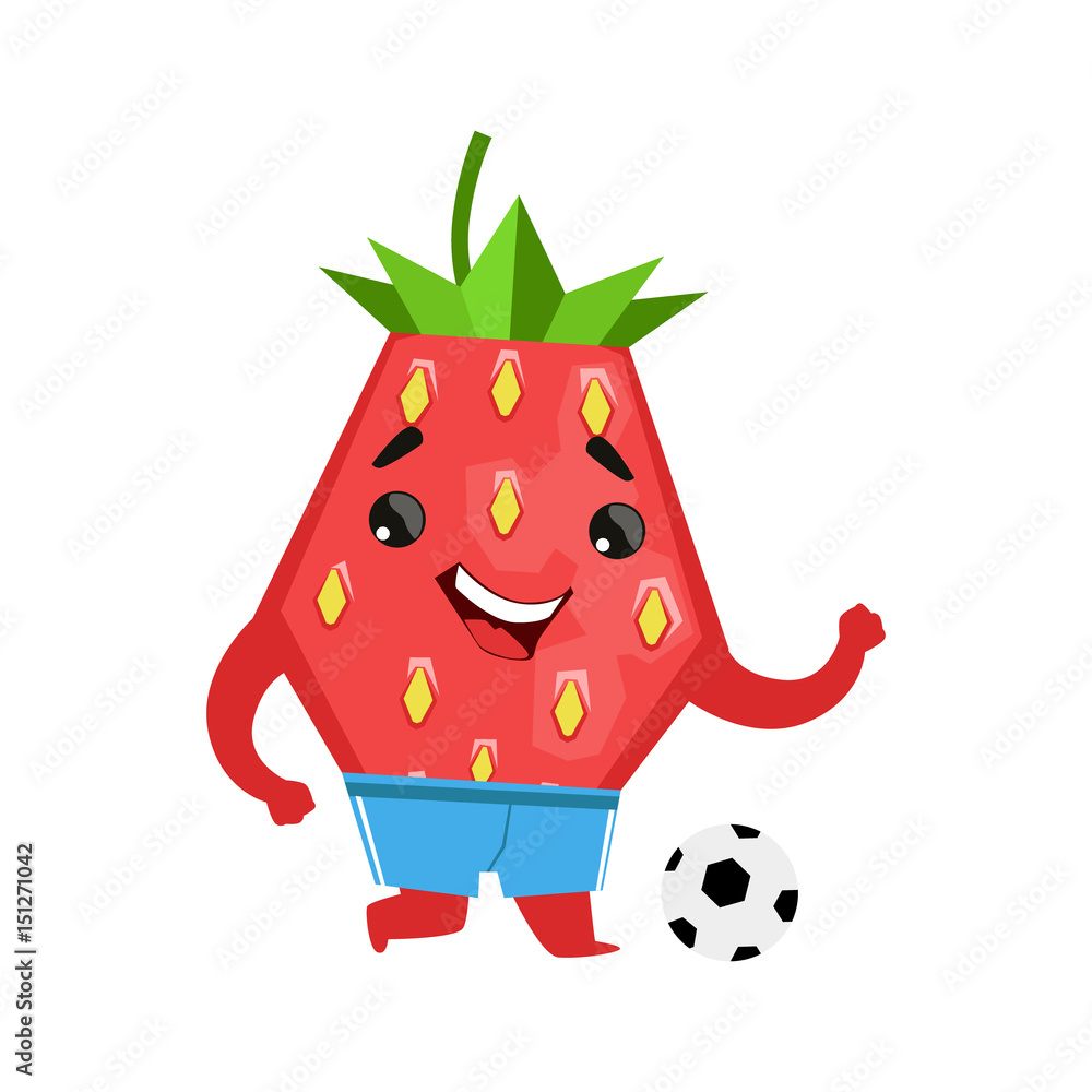 Football player strawberry with a ball. Cute cartoon emoji character vector Illustration Football player strawberry with a ball. Cute cartoon emoji character vector Illustration