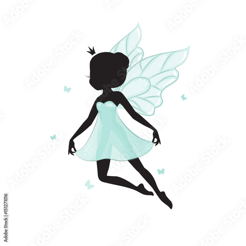 Silhouette of beautiful fairy. She is dancing with batterfly. She is in a blue gentle, air dress. Hand drawn, isolated on white background.