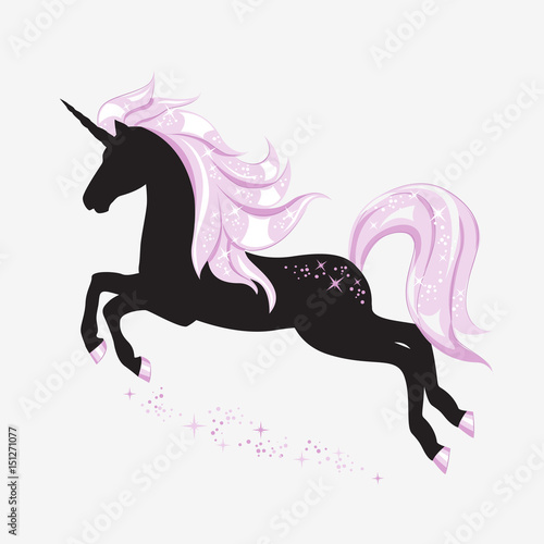 Silhouette of magical unicorn. Its body is a black color and its mane, hooves, tail is a pink colors. Hand drawn, isolated on white background. 
