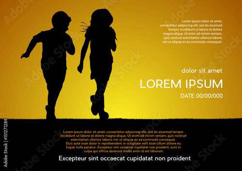 Children playing racing at sunset , vector poster and background.