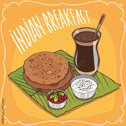 Traditional breakfast, food of Indian cuisine, round flatbread with spicy sauce and curd cheese, on banana leaf plate and masala chai tea. Hand drawn comic style