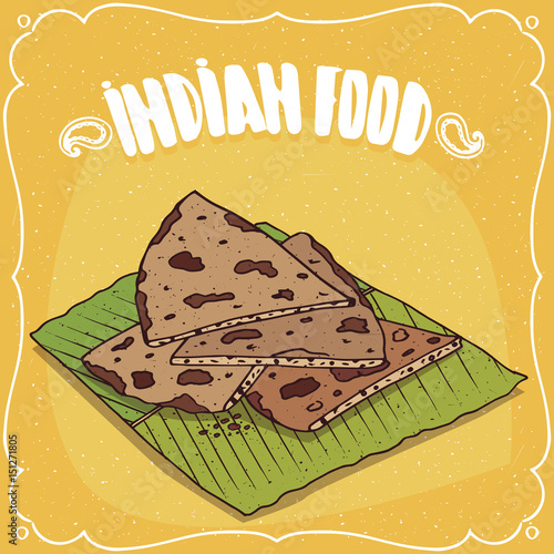 Traditional food, dish of Indian cuisine, known as Roti, Chapati or Paratha. Big round flatbread, sliced into pieces, lying on banana leaf plate. Hand drawn comic style