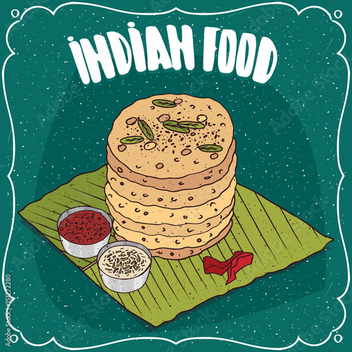 Traditional food, dish of Indian cuisine, pile of round flatbread like Roti, Naan, Chapati, Papadum or Paratha, on banana leaf plate with sauces. Hand drawn comic style