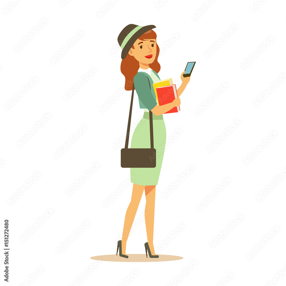 Beatuful student girl in fashionable clothes standing and holding smartphone and books in her hands. Student lifestyle colorful character vector Illustration