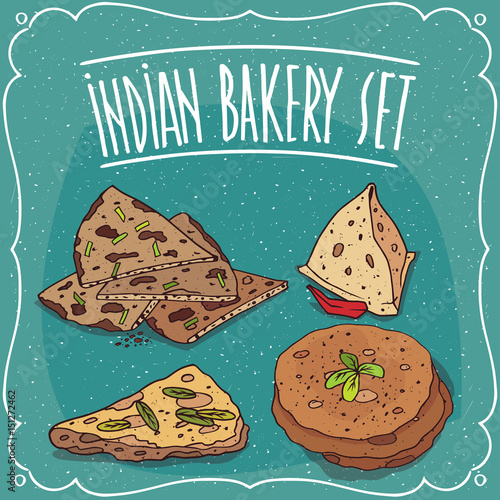 Set of traditional pastry snack, fast food of Indian cuisine, triangular Samosa or flatbread Roti, Naan, Chapati, Papadum or Paratha. Hand drawn comic style