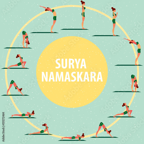 Set of images of sports girl in different yoga poses, performing complex of exercises, known as Greeting to the Sun or Surya Namaskara. Flat style